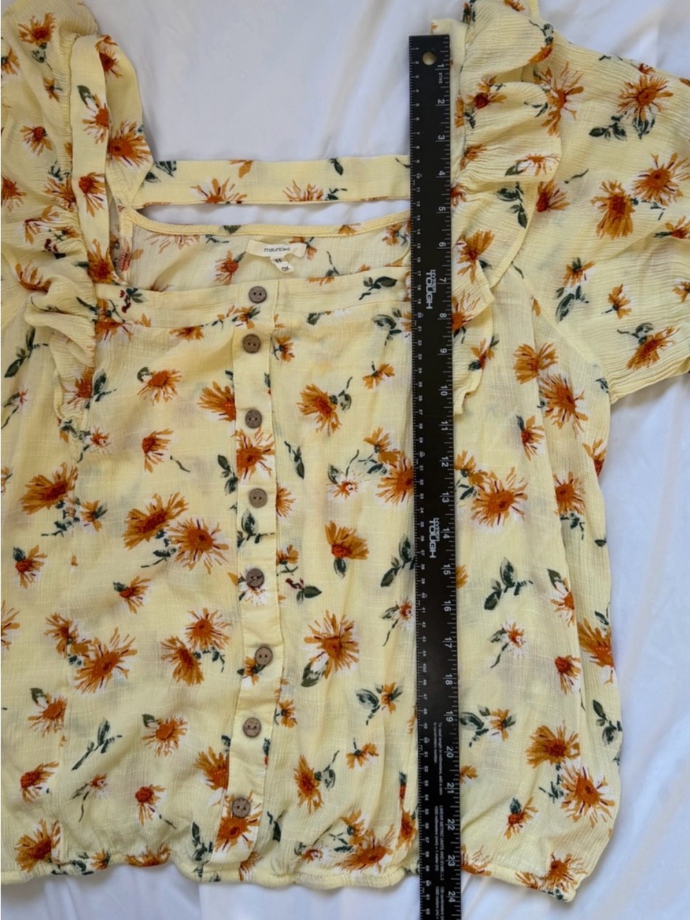 Sunflower Floral Ruffle Blouse Button Front Boho Cottagecore Yellow Plus Size 0X - Picture 12 of 12